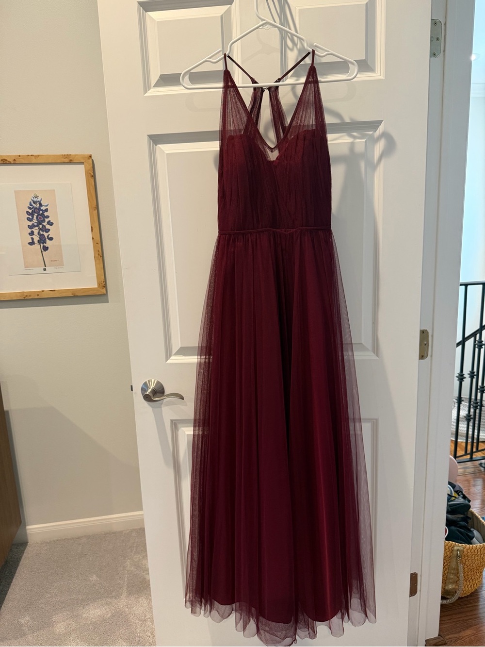 Sleeveless Burgundy Tulle Dress with V-Neck Straps